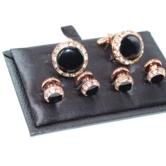 Austrian Crystal Rose Gold Cufflinks and Studs Onyx Center Stone - Picture 2 of 2